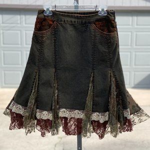 Steampunk brown-tone beaded denim lace skirt